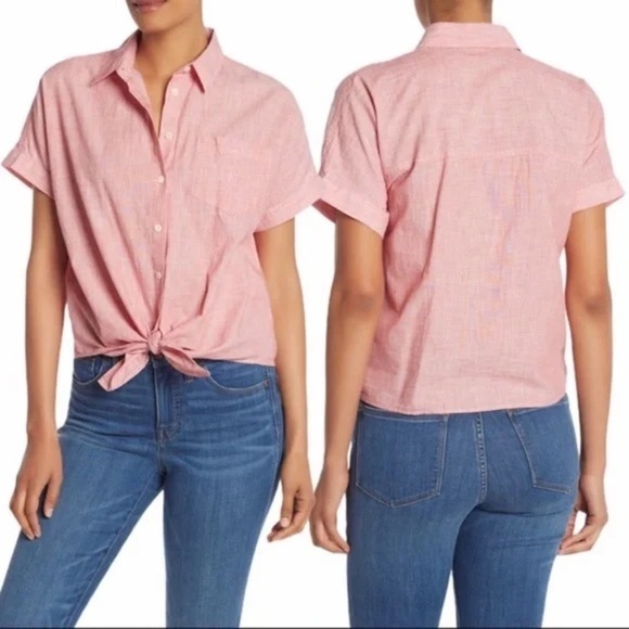 Madewell Red Short Sleeve Button-up Front Knot Shirt In Large - Picture 1 of 12
